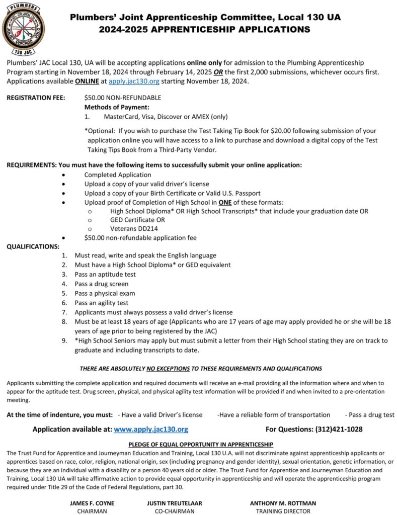 Plumbers 130 Apprenticeship Opportunity